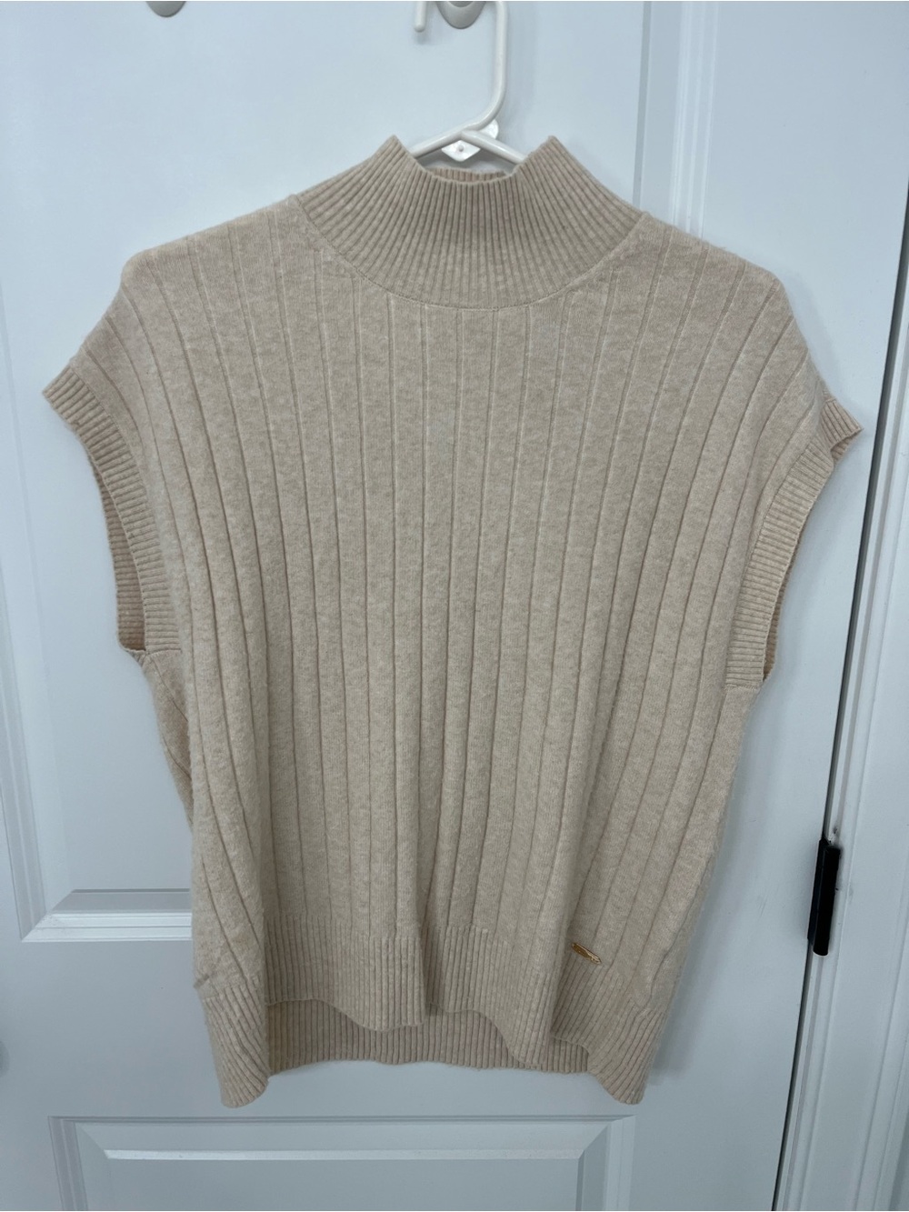 Calvin Klein  Ribbed Mock Neck Sweater Vest in Beige